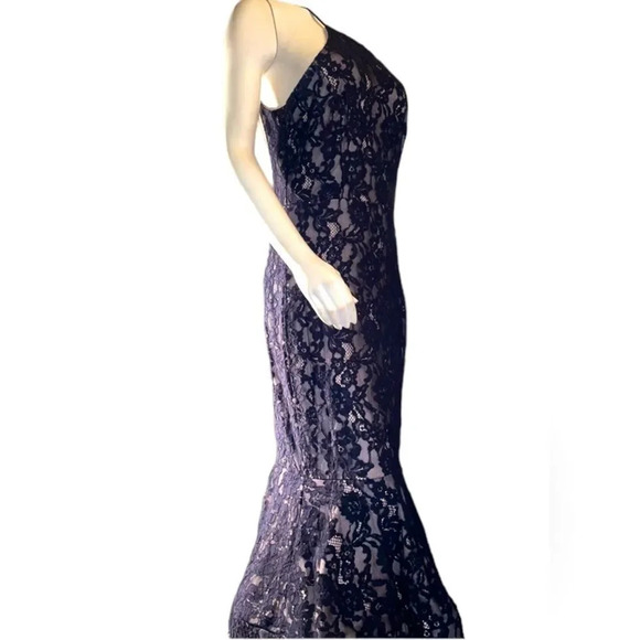 BLACK LACE OVERLAY FLOOR LENGTH TEIRED RUFFLED MERMAID GOWN BY WINDSOR SIZE L - Picture 3 of 14